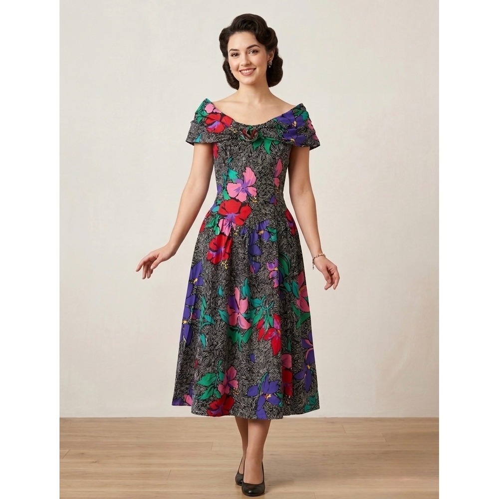 Robbie Bee Vintage Midi Dress NEW Floral Off Shoulder Smocked Black Purple 12